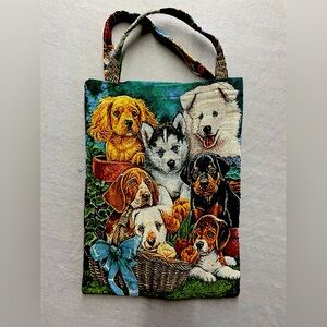 Vintage Dog Tapestry Tote Bag Husky Beagal Rottweiler Bassett In Basket EUC
